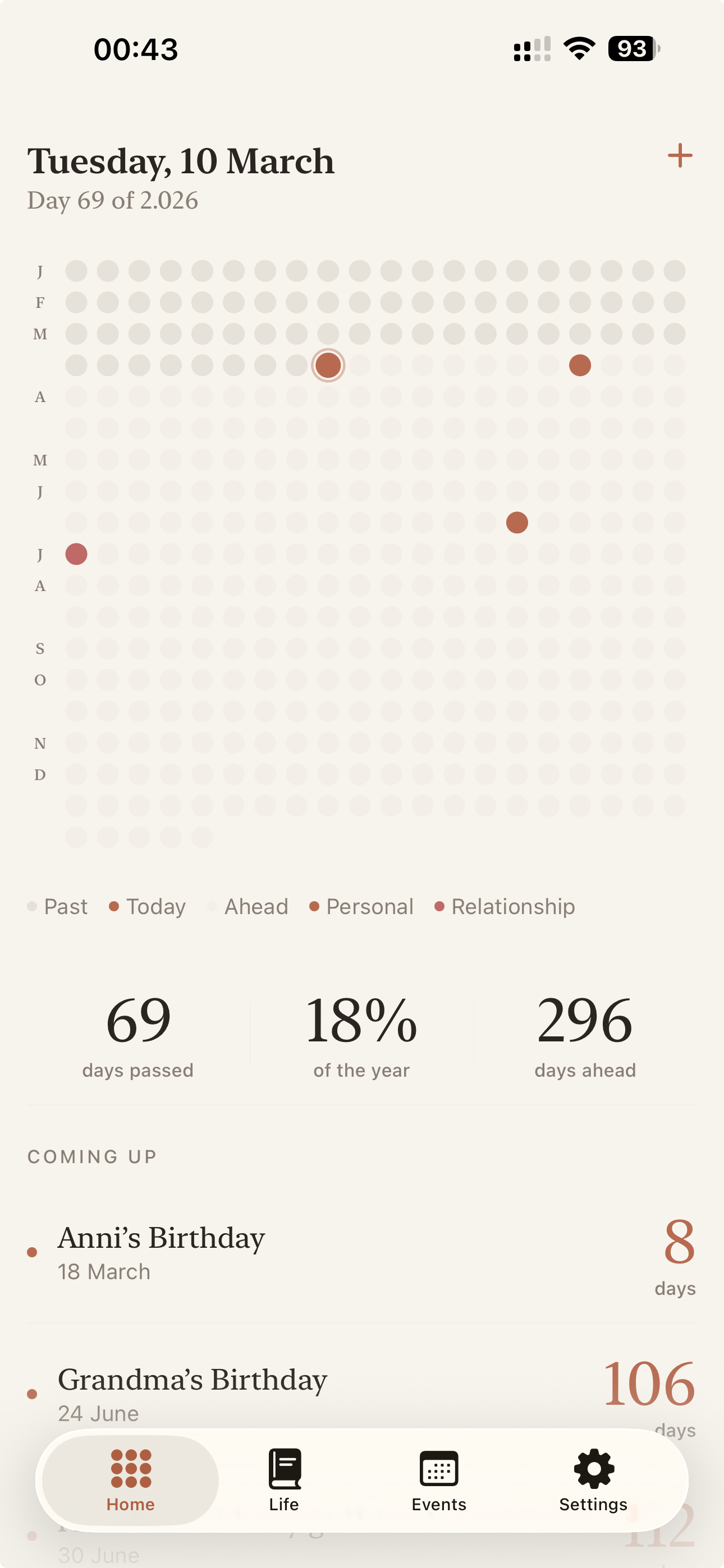 Finite app — year dot grid with upcoming events